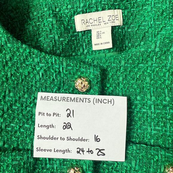 Rachel Zoe Green Tweed Blazer Golden Button Size L Preppy Chanel - Picture 7 of 7